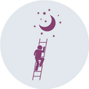 Person climbing ladder towards the stars and moon.